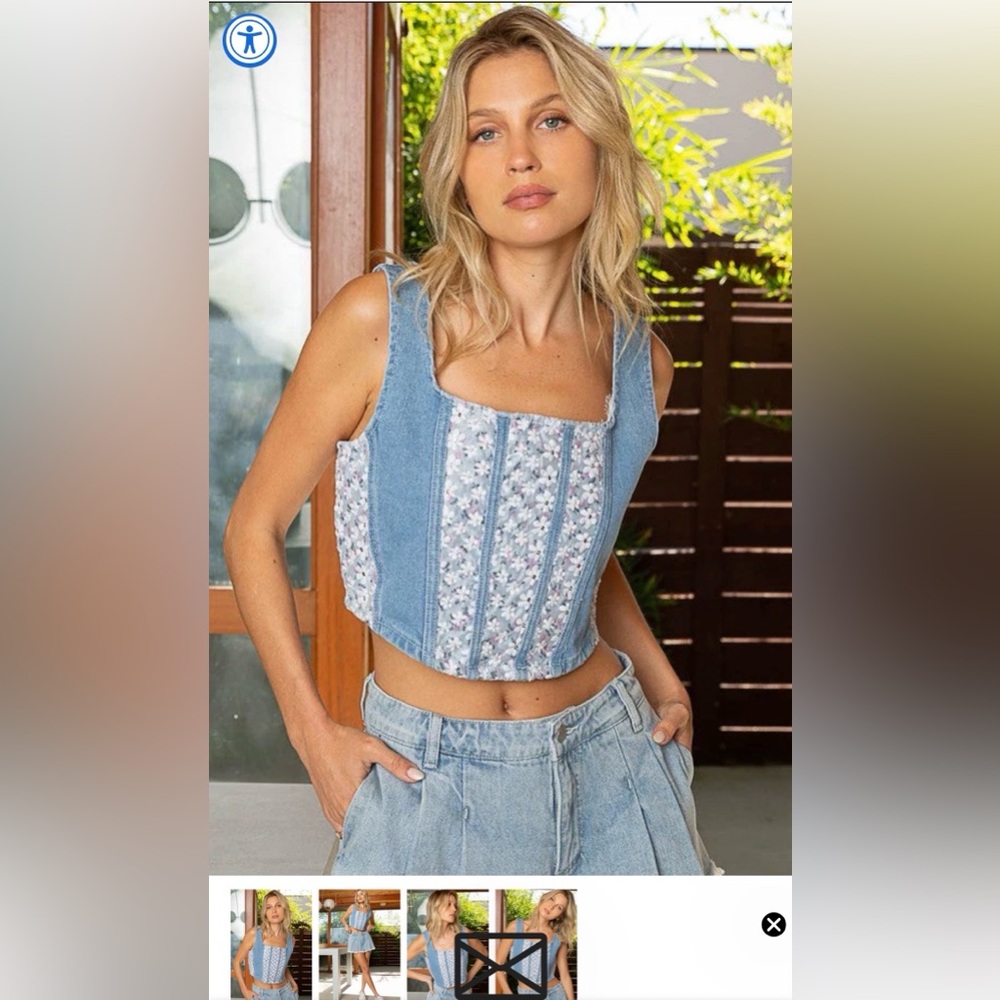 POL Cropped Denim Sleeveless Top, denim and floral lace detail, NWT, size large - Picture 6 of 8